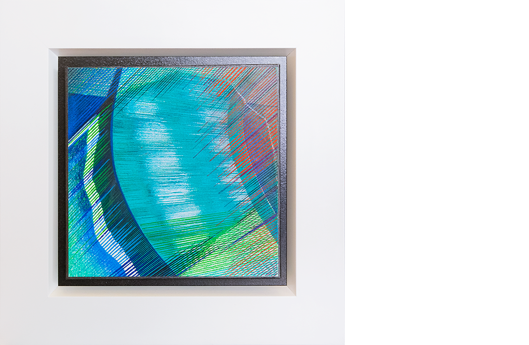 Bryner, Yul, «Abstrakt grün-blau», 2018, Collage/Mischtechnik, 400:400:40 mm Aussenkante Rahmen